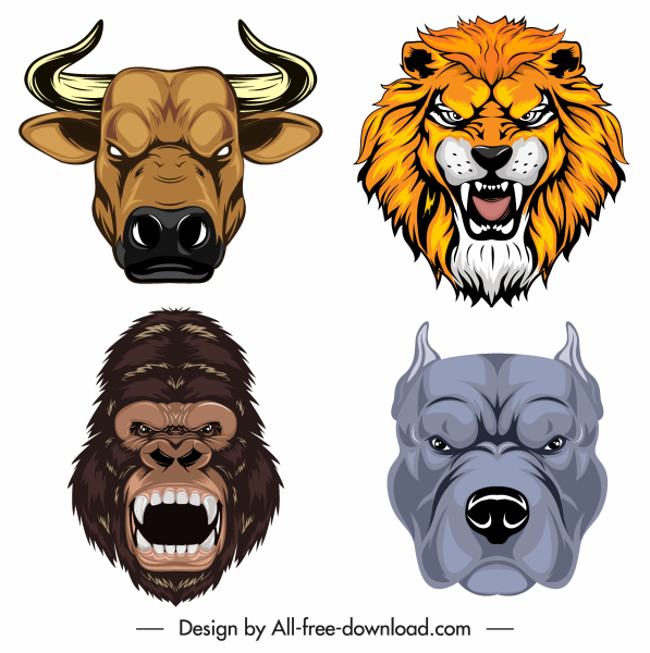 iconos de cabeza de animal búfalo león gorila bulldog boceto
