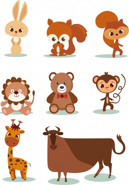 ícones de animais coleção projeto marrom bonito dos desenhos animados esboço