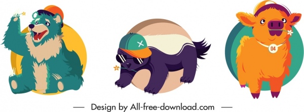ícones de animais coloridos esboço de design bonito dos desenhos animados