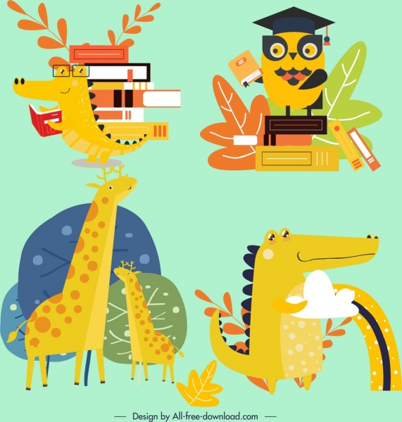 ícones de animais coloridos personagens de desenhos animados estilizados