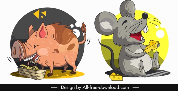 पशु आइकन: सुअर, माउस स्केच, मजेदार कार्टून पात्र