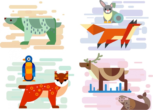 conjuntos de ícones animais no projeto plano geométrico colorido