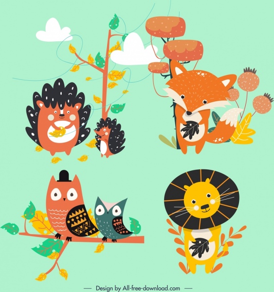 icone degli animali stilizzati porcospino fox gufo personaggi