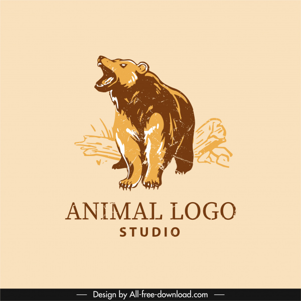 templat logo hewan sketsa beruang handdrawn retro