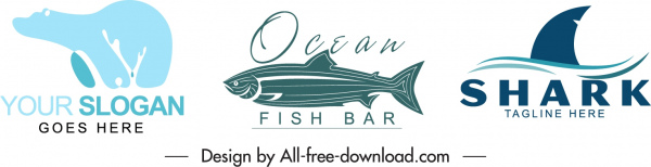plantillas de logotipo animal dibujado a mano oso pez tiburón