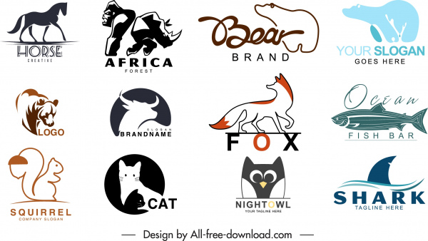 modelli di logo degli animali con sagome piatte disegnate a mano