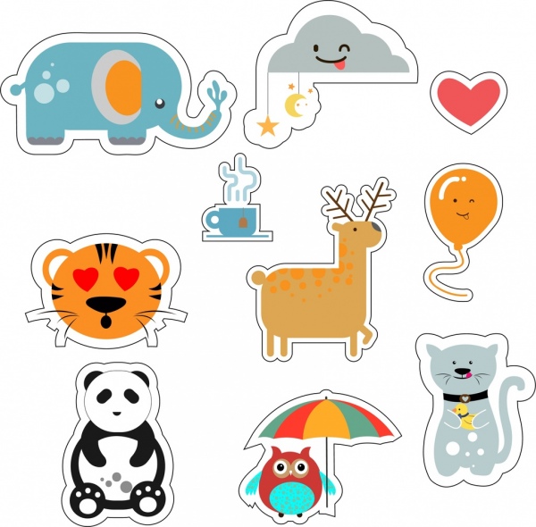 Tier Sticker Sammlung verschiedene flache farbige Symbole Isolierung