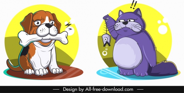 animais avatares cão gato ícones esboço personagens de desenhos animados