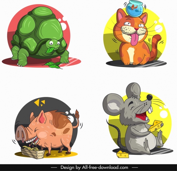 Tiere Avatare Schildkröten Katze Schwein Maus Charaktere Skizze
