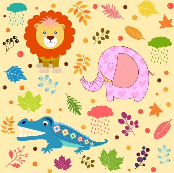 동물 사자 코끼리 악어 아이콘 색된 평면 배경