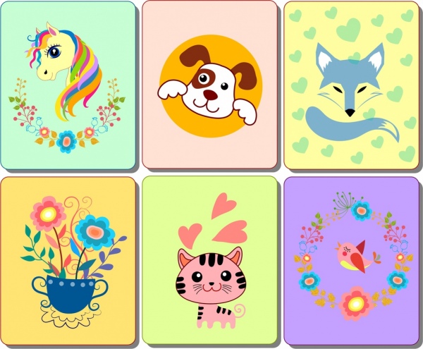 동물 꽃 카드 템플릿 평면 다채로운 절연