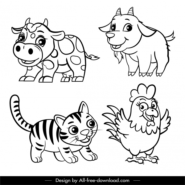 ícones animais preto branco desenho animado desenhado à mão