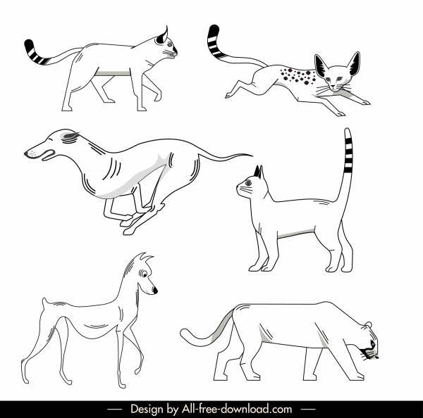 ícones animais preto branco desenhado esboço