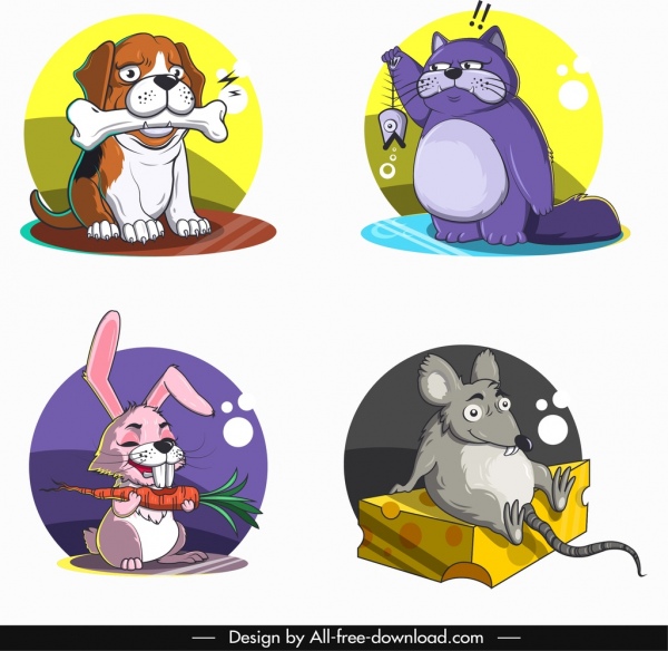 動物のアイコン、猫、犬、ウサギ、マウス、キャラクター、スケッチ
