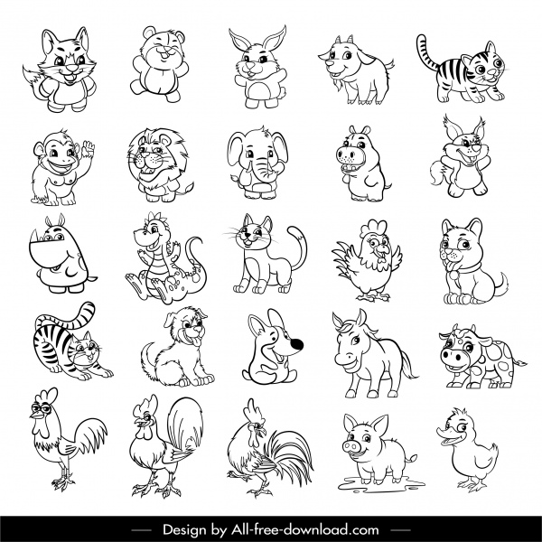 động vật biểu tượng bộ sưu tập dễ thương đen trắng phim hoạt hình ký họa