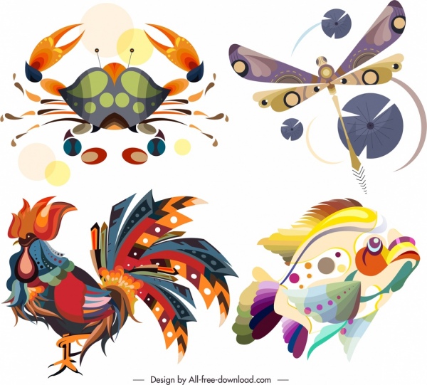 animaux, icônes, coloré, crabe, libellule, poisson, coq, croquis
