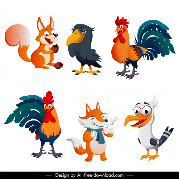 animales iconos lindos personajes de dibujos animados bosquejo