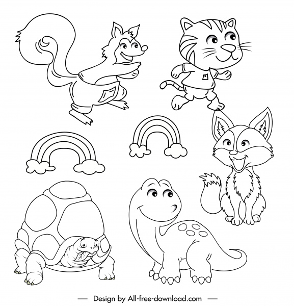 ícones animais desenho de desenho animado preto branco desenhado à mão