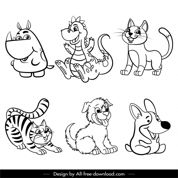 ícones animais desenho animado bonito preto branco desenhado à mão