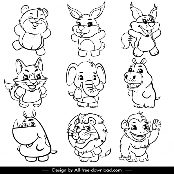 Animals Icons Cute Cartoon Sketch Blak White Handdrawn-vector Icon-free  Vector Free Download