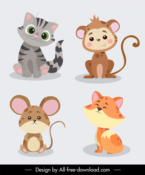 동물 아이콘 귀여운 카톤 고양이 원숭이 마우스 캐릭터