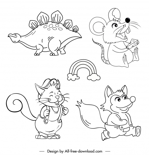 zwierzęta ikony słodkie ręcznie rysowane szkic postaci z kreskówki