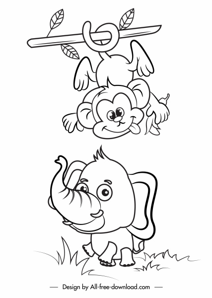 animali icone carino disegnato a mano scimmia elefante schizzo