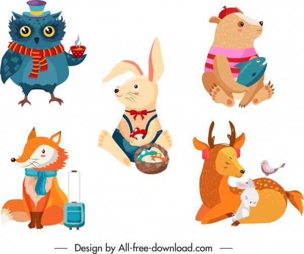 ícones de animais bonitos personagens de desenhos animados estilizados