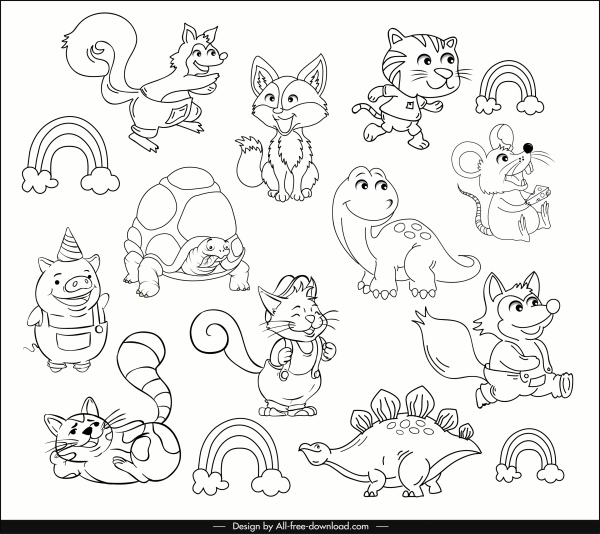 ícones animais bonito estilizado desenho animado desenhado à mão design