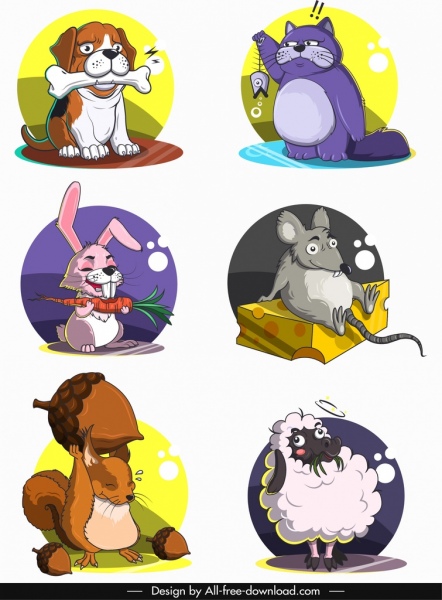 animais ícones engraçados personagens de desenhos animados círculos isolamento
