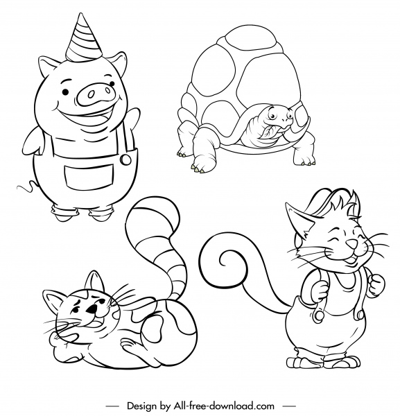 animais ícones desenhados à mão porco raposa gato esboço tartaruga