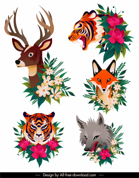 animais ícones cabeça esboço flores decoração