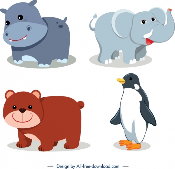 Animals Icons Hippo Elephant Bear Penguin Sketch