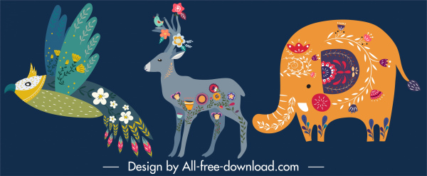animais ícones papagaio renas elefante esboço decoração floral