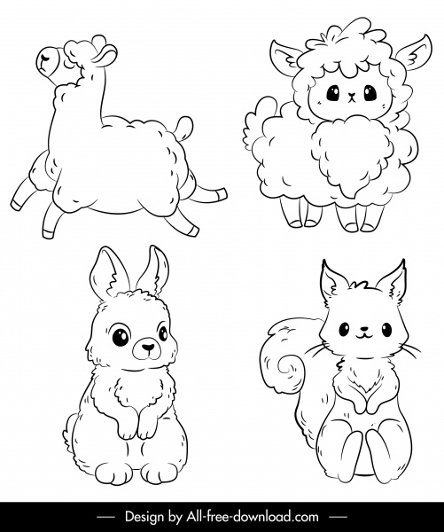 животные иконы овец кролика белка эскиз handdrawn дизайн