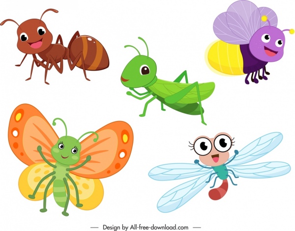 animais, insetos, ícones, personagens de desenhos animados estilizados coloridos