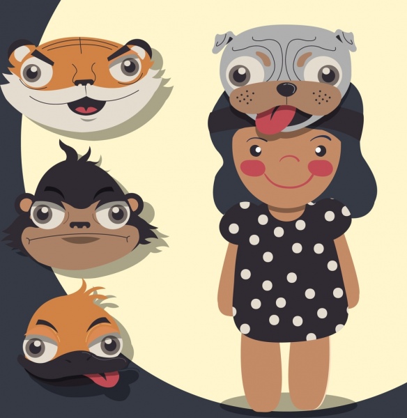 Tiere Masken Symbole farbige Cartoon-Design