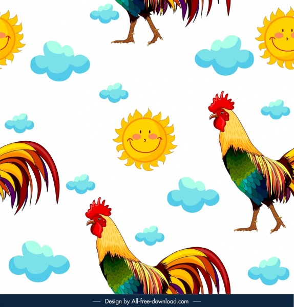 ícones de nuvem sol galo repetindo projeto de padrão de animais