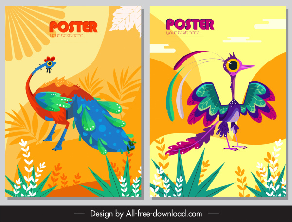 animaux affiches peafowl oiseaux icônes colorées design classique