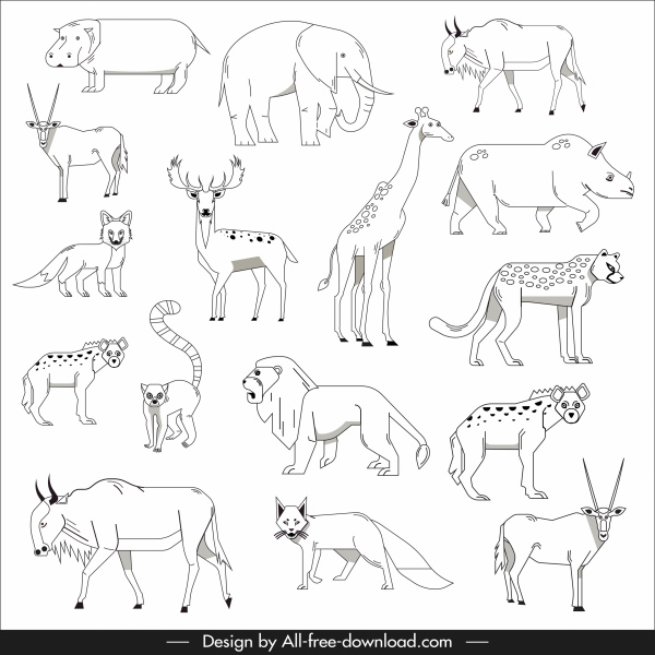 animali specie icone nero bianco disegnato schizzo