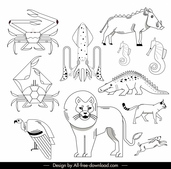 Tierarten Symbole schwarz weiß handgezeichnete Skizze