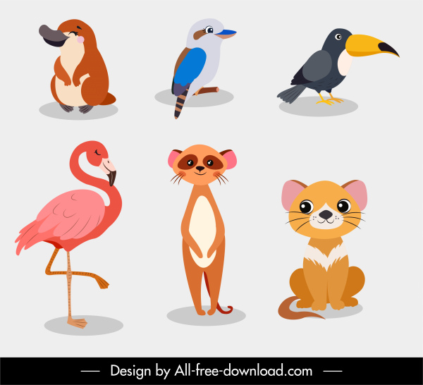 Tiere Arten Icons farbige Cartoon Skizze