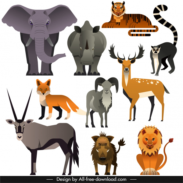 动物物种图标彩色经典平面素描
