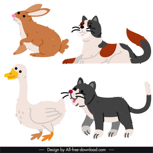 hayvan türleri simgeleri renkli düz handdrawn klasik kroki
