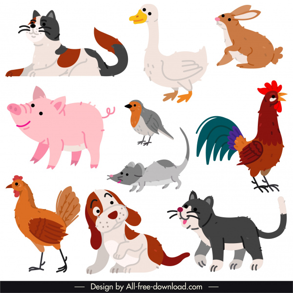 Tierarten Symbole farbige retro handgezeichnete Skizze
