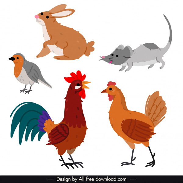 hayvan türleri simgeleri renkli düz handdrawn anahat