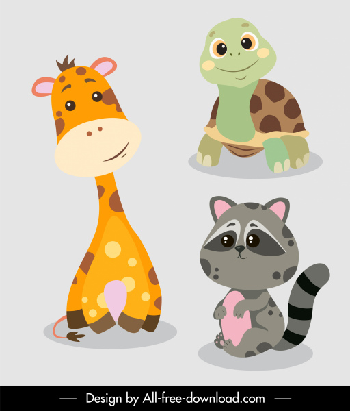 animales iconos de especies lindo dibujo animado jirafa tortuga racoon boceto