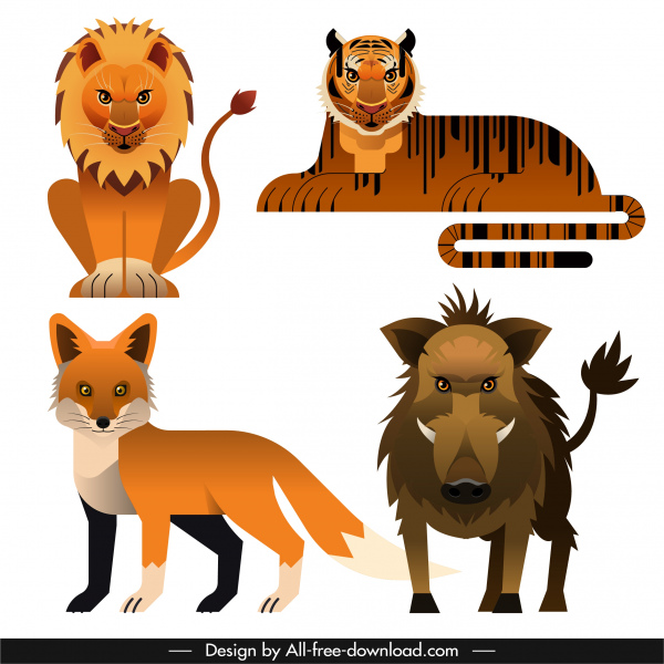 zwierzęta gatunki ikony lew tygrys lis dzik szkic