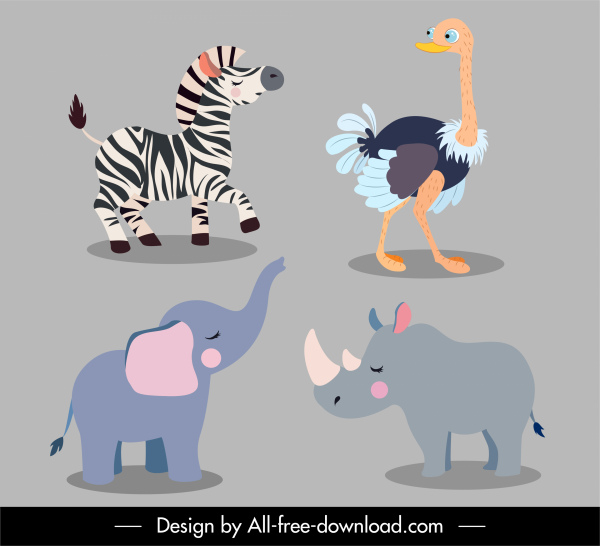 동물 종 아이콘 얼룩말 타조 코끼리 코뿔소 스케치