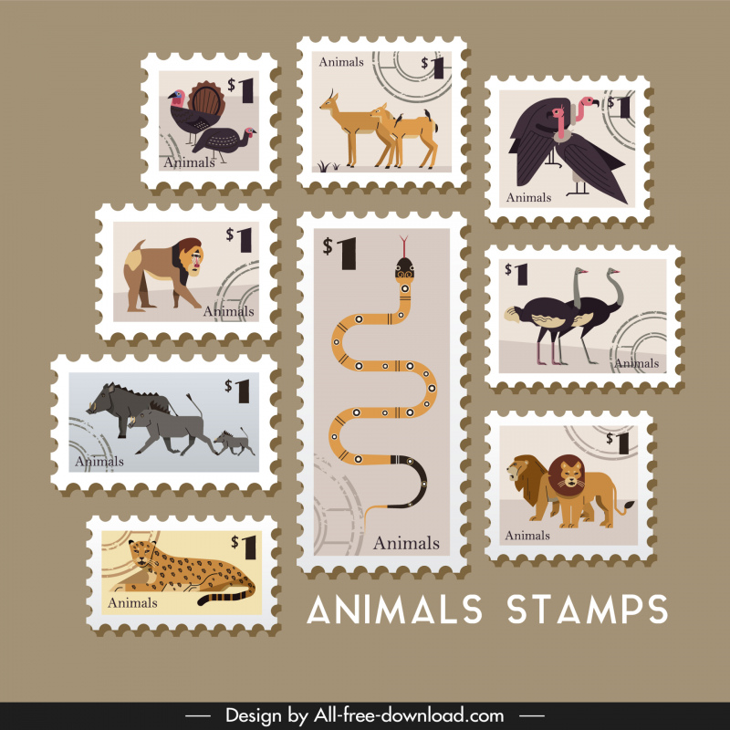 Tiere Briefmarken Vorlagen Sammlung flache Retro Cartoon Arten Skizze